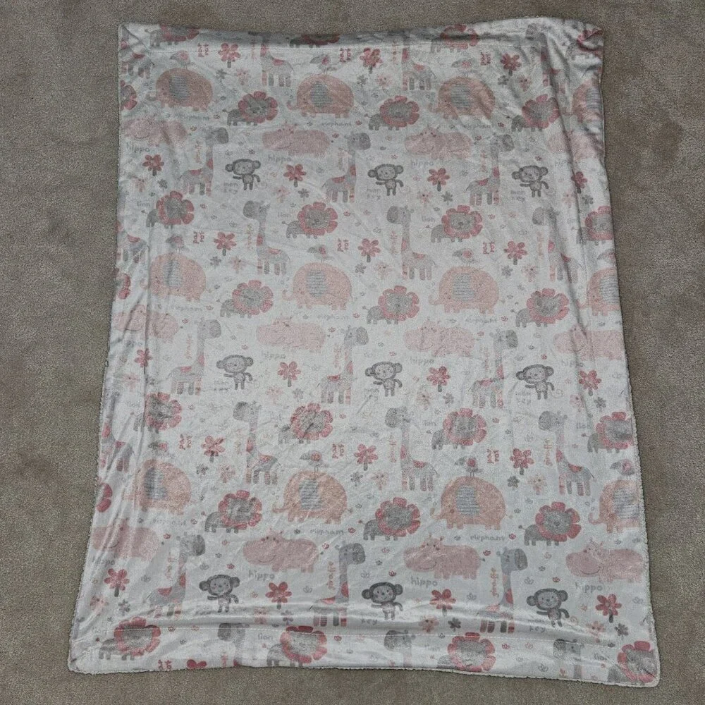 Pink Gray Baby Blanket Lion Giraffe Elephant Bird Monkey Hippo SL Home 119741